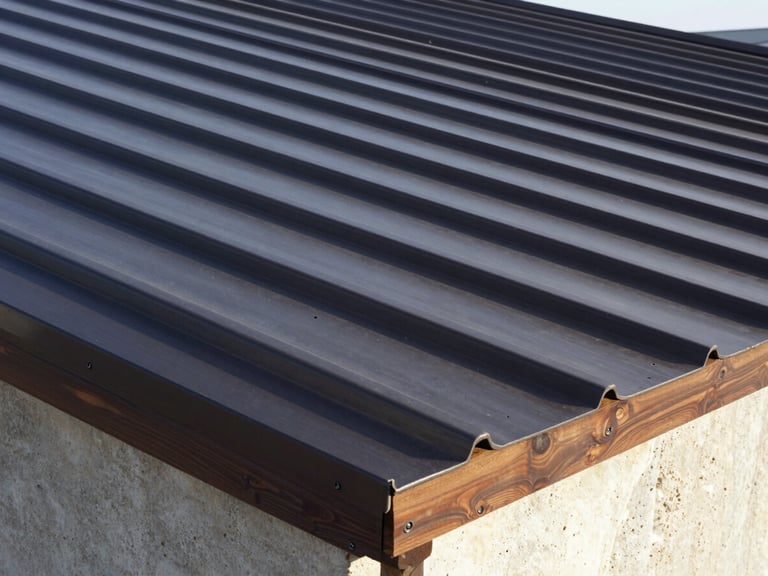 Close-up of a perfectly painted dark metal roof profile, crisp afternoon sunlight highlighting clean seams and zero overspray.
