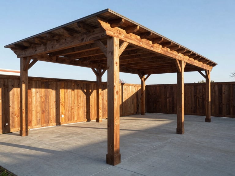 Wide-angle architectural exterior photograph of a custom timber pergola and site-poured concrete patio, sharp late afternoon sun casting long dramatic shadows, rich wood textures, crisp alignment.