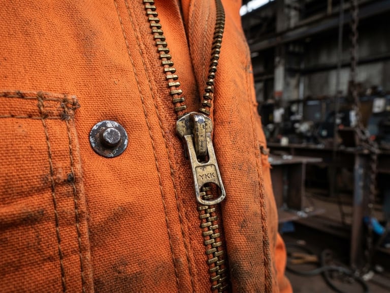 Close-up of double-stitched orange boiler suit fabric with heavy-duty brass zipper, industrial warehouse lighting, high-contrast steel details