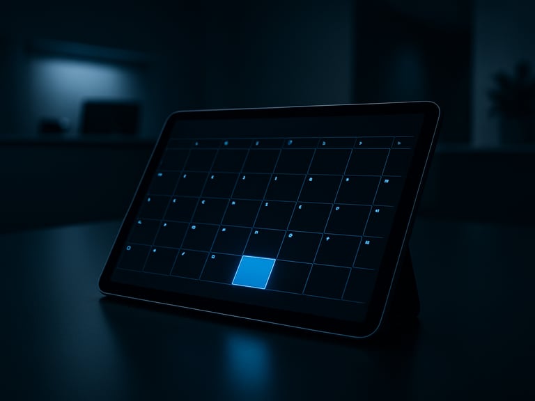 Close-up of a sleek tablet in a modern clinical reception, displaying a clean calendar interface with glowing blue accents, low-key lighting, 35mm
