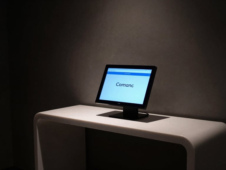 Moody low-key shot of a boutique hotel lobby, a glowing digital concierge screen on a minimalist desk, electric blue light accents, 35mm