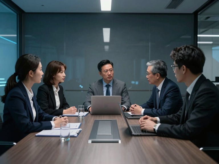 Professional collaborative strategy session in a sleek Hong Kong boardroom, low-key ambient lighting, sharp blue accents