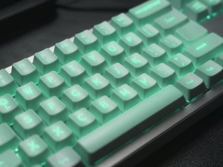 Close-up of a developer writing clean code on a mechanical keyboard, neon mint reflections on the keycaps, dark tech aesthetic