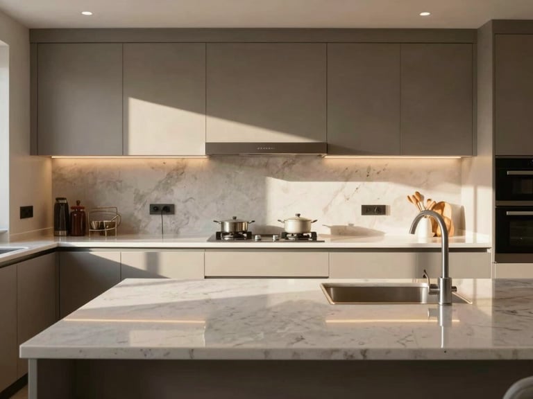 Straight-on shot of a modern renovated kitchen interior, warm natural light highlighting pristine quartz countertops and custom cabinetry, clean lines, high-contrast.