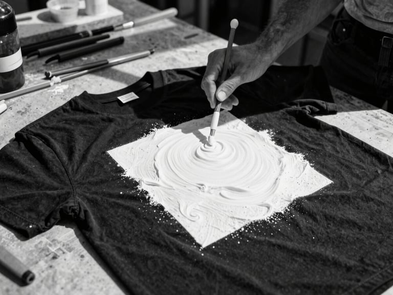 Mani di un artigiano che applicano una stampa serigrafica bianca su una t-shirt nera, con inchiostro denso e texture visibile, in un ambiente di laboratorio con luce dura e ombre.