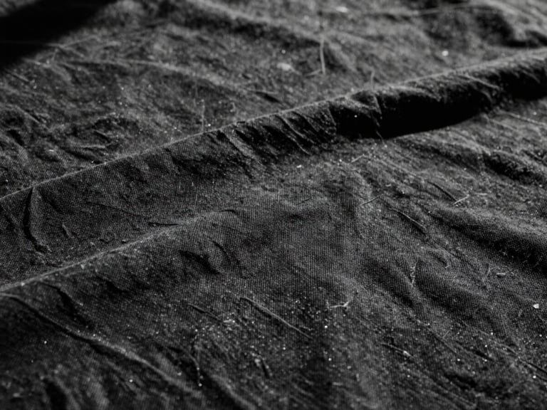 Primo piano macro di un tessuto di cotone nero pesante, con una trama visibile e leggermente rovinata, sotto luce dura e ombre profonde.