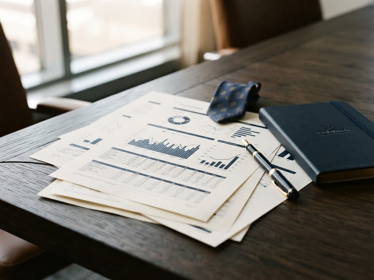 Editorial corporate photography, soft natural window light, deep navy and muted gold tones, a close-up of high-quality financial documents on a dark oak table, professional, 35mm film