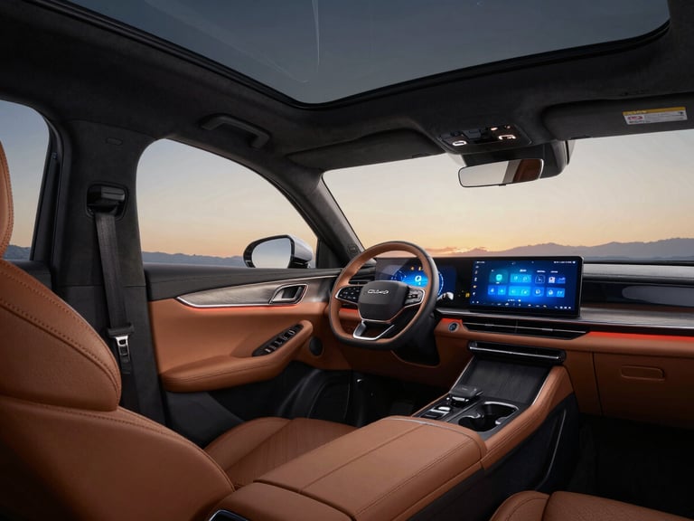 Close-up of the luxurious interior cabin of Chery Tiggo 9csh with glowing ambient lighting, premium leather seats, and dual panoramic screens.
