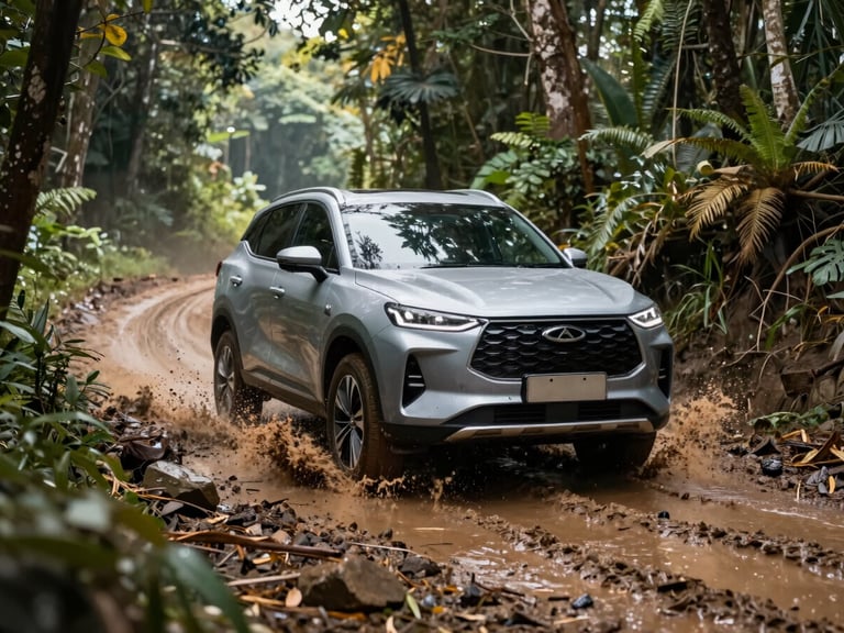 Chery J6 EV traversing a rugged, muddy off-road trail in Sentul, Bogor, splashing water, dramatic daylight filtering through forest trees.