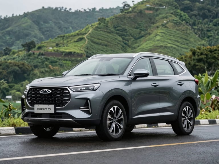 Low-angle heroic shot of Chery Tiggo 9csh in deep metallic grey, parked on a clean modern wet asphalt road in Bogor with lush green hills in the soft-focus background, natural dramatic daylight