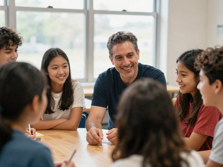 Medium close-up of a mentor actively guiding a small group of youth in a workshop, all smiling and engaged, natural window light, Oakland community space.