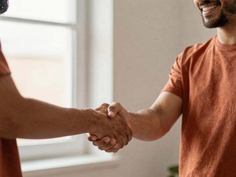 A close-up of two people shaking hands warmly with genuine smiles, soft background, terracotta tones, natural light.