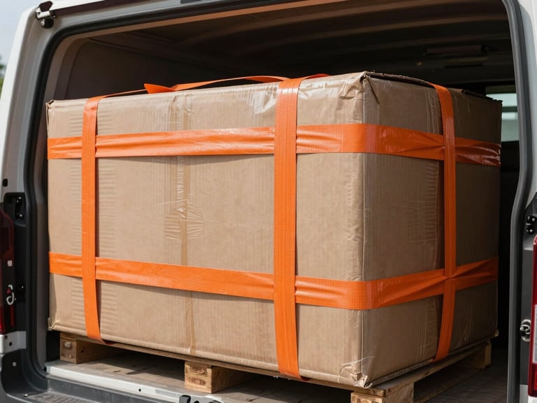 A close-up of heavy cargo securely tied down with orange straps inside a transport vehicle, bright daylight