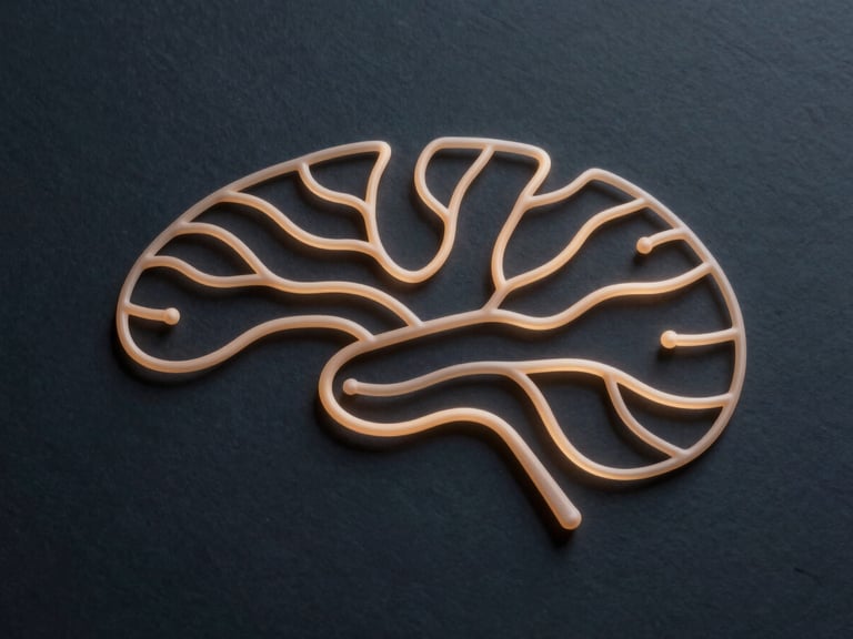 A clean, highly simplified abstract neural pathway diagram with gentle, soft amber glowing lines over a dark slate blue background, low contrast, minimal and soothing to the eyes.