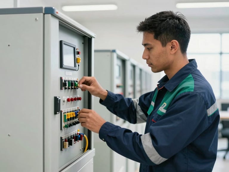 South African technician in a clean, well-lit industrial setting, working on a control panel, wearing safety gear, bright natural daylight, hands-on technical training.