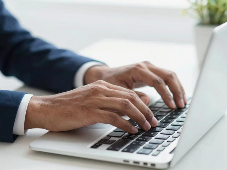 Close-up of hands on a keyboard in a contemporary South African workspace, focused work, soft natural light, clean background, 35mm lens