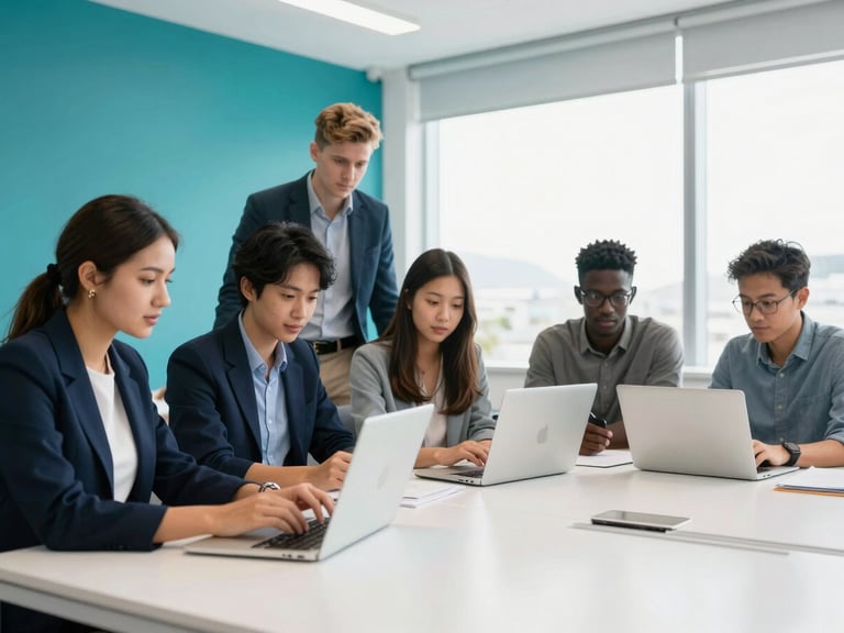 Diverse group of young software developers collaborating in a modern, bright office space in Cape Town, natural daylight, crisp navy and teal accents, 35mm lens