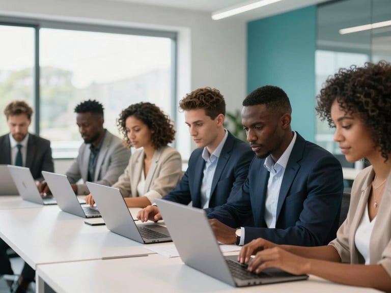 Diverse group of young South African adults collaborating on laptops in a bright, modern open-plan office, natural daylight, crisp navy and teal accents.