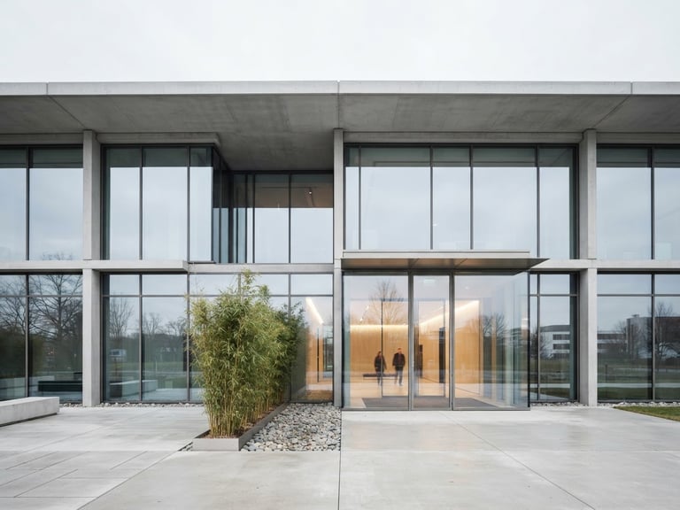 Minimalist architectural shot of a modern corporate pavilion with soft daylight, clean lines, concrete and glass, negative space, 50mm