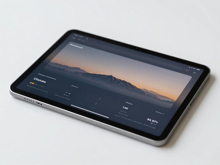 Close-up of a high-end digital interface displaying climate data on a sleek tablet, clean desk with soft daylight, minimalist workspace