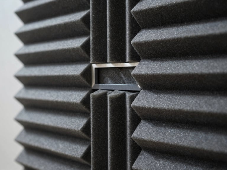 Close-up architectural detail of acoustic panel array mounted on wall, showing precise material joints and absorption surface texture under cool north-facing studio light, shallow depth of field on panel weave pattern.