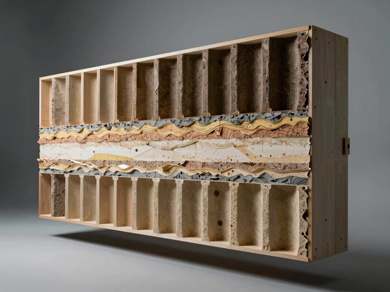 Wide architectural photograph of installed isolation assembly—floating wall detail showing acoustic decoupling, material layers visible in cross-section, under cool studio light, framing the technical precision of construction.