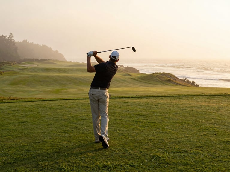 A golfer finishing a smooth, relaxed swing on a cliffside fairway at sunrise, soft golden-hour light, misty ocean fog in the background, warm editorial photography style.