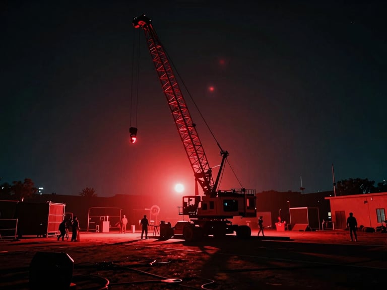 Anamorphic wide shot of a massive film set at night, towering camera crane silhouetted against dramatic red key lights, deep shadows, cinematic haze, 35mm.