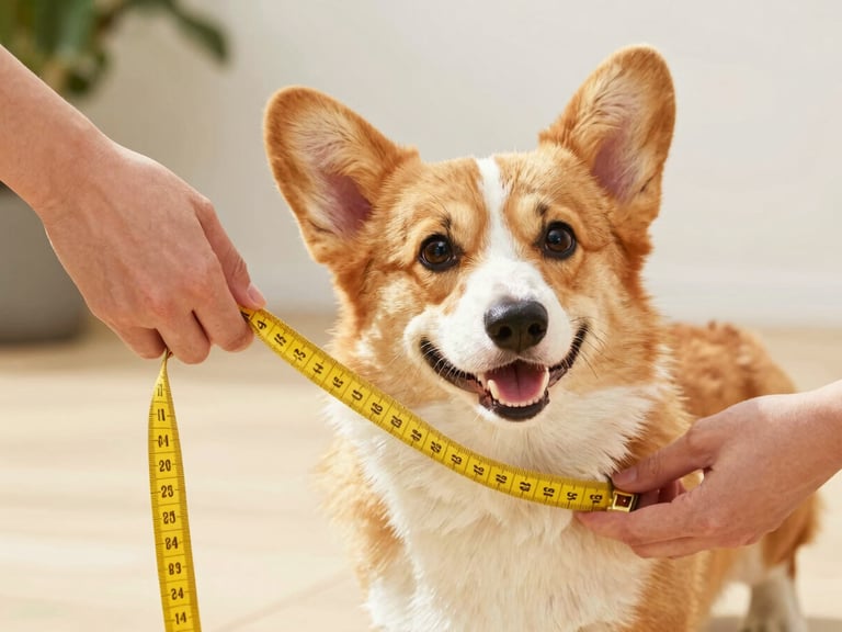Hands gently measuring a cheerful corgi with a soft yellow tape measure, bright natural daylight, warm patio setting, eye-level, 35mm