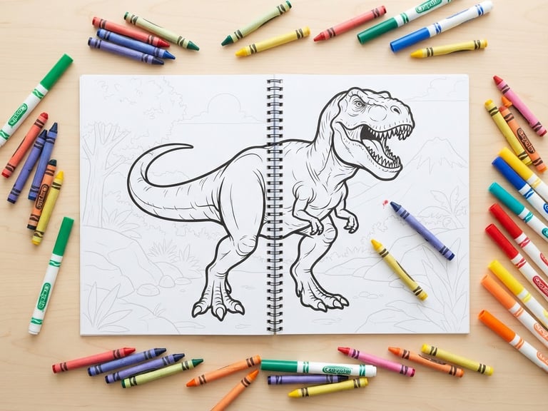 Bright high-key product photography, top-down flatlay of an open dinosaur coloring book showing a bold T-Rex outline, surrounded by colorful crayons and markers on a clean light wood surface, soft natural daylight.