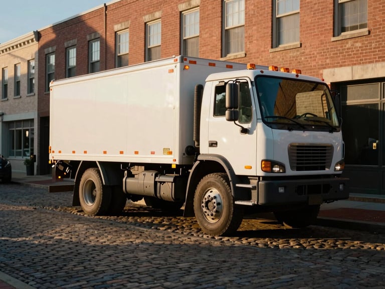 Wide shot of a heavy-duty grip truck parked on a cobblestone street in historic Baltimore, Maryland, at golden hour. Cinematic film photography, high-contrast natural light, industrial grit, deep shadows with warm highlights, 35mm lens.