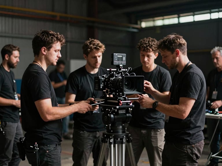 Active crew members in production attire setting up a high-end camera rig on location, focused and professional, dramatic high-contrast natural light, cinematic film photography.