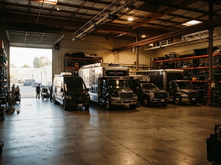 Wide panoramic view of a modern, organized vehicle bay with several heavy-duty grip trucks and camera vehicles parked, industrial lighting, deep shadows, warm highlights, cinematic film photography, 35mm lens, subject slightly off-center to the right, generous negative space on the left.