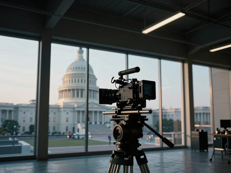Cinematic photograph of a camera rig set up on a film set in a modern building in Washington D.C., with the Capitol building visible in the background through a window. Cool-toned industrial warehouse lighting, deep shadows, warm highlights, 35mm lens.