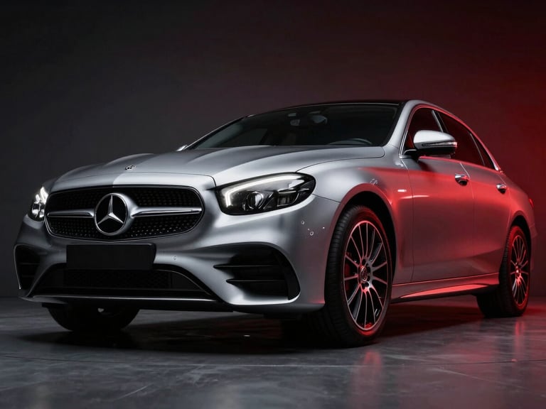 Dramatic low-angle shot of a metallic silver Mercedes-Benz E-Class sedan, sharp reflections, modern showroom lighting, 35mm prime lens, deep graphite and crimson tones.