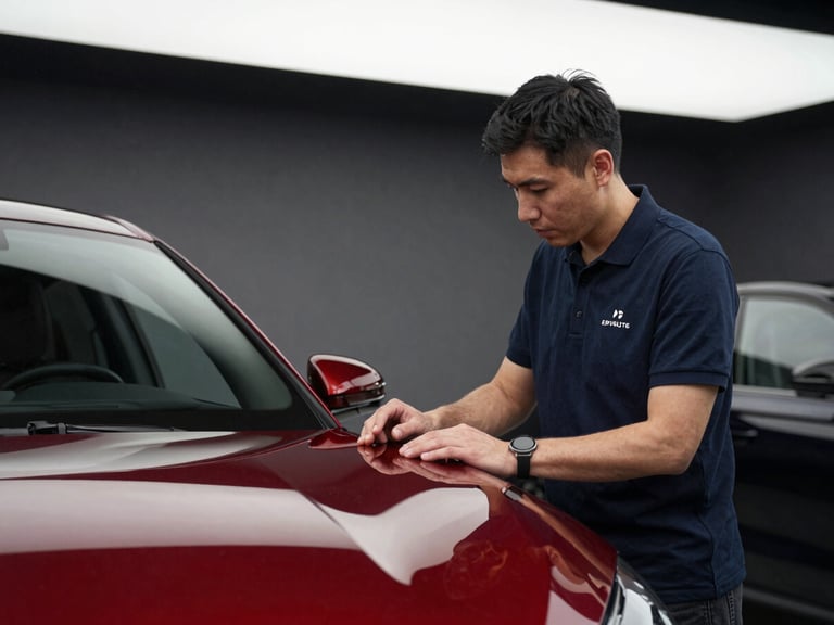 Professional service advisor in a modern, clean showroom workshop, discussing car details with a client, sharp, low-key lighting, 35mm prime lens