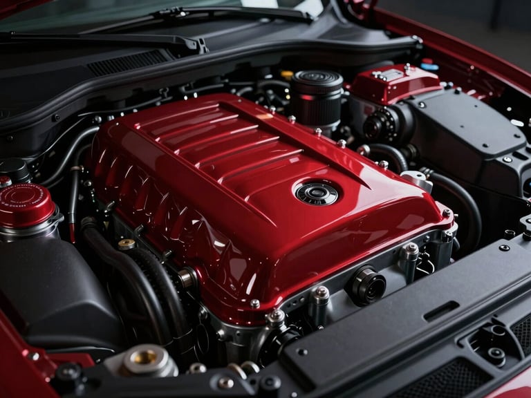 Macro shot of a modern car engine bay, intricate components, sharp reflections, low-key studio lighting, deep graphite and crimson tones, 35mm prime lens