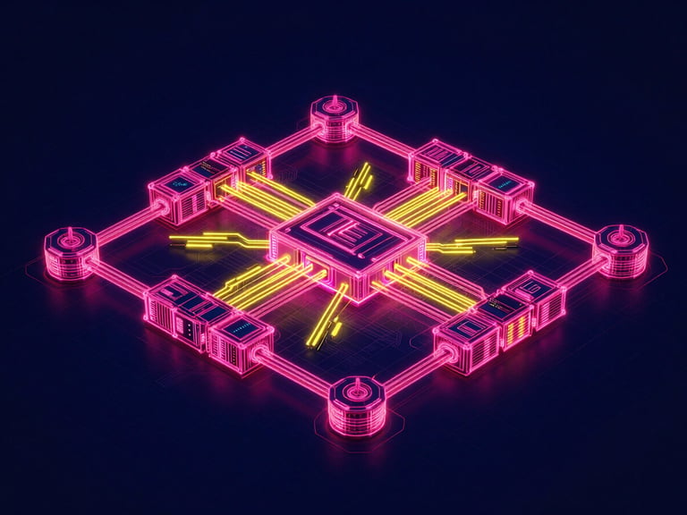 An intricate 3D system architecture wireframe diagram of a data center control plane, glowing neon pink and bright yellow vector lines on a deep navy grid, high-density technical typography, octane render