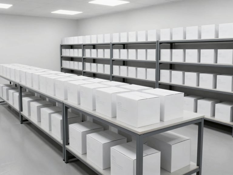 A high-end, organized fulfillment center with neatly arranged boxes and structured sorting tables under bright, neutral daylight.