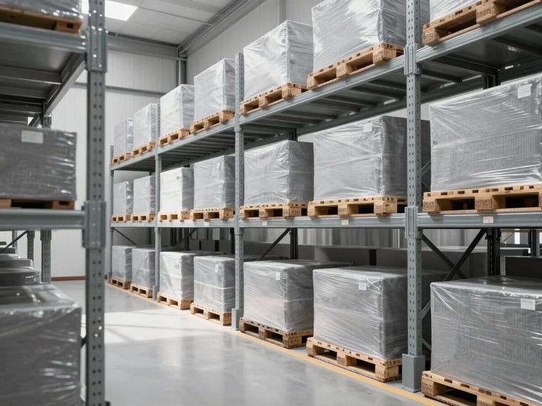 A bright, clean, modern logistics warehouse interior with organized high-bay shelving, soft natural daylight illuminating structured pallet racks, slate gray tones.