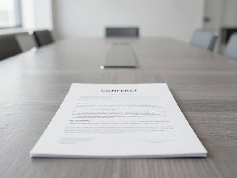 A pristine corporate meeting room with slate gray tones and daylight, focusing closely on a clean, structured contract document on a wooden table.