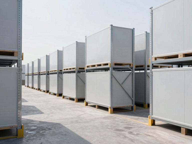 A bright, modern logistics warehouse with high-clarity daylight, clean concrete floors, and organized storage racks, showcasing professional structure.