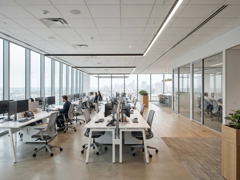 A bright, clean corporate office in neutral daylight with organized architectural lines, focusing on structured workspaces and professional order.