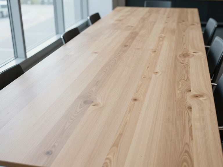 Wide panoramic overhead shot of a long empty conference table, cool north-facing daylight from tall windows at left, surface of pale wood with precise geometric grain lines, no people, no objects — only the table's clean rectangular form extending to the far right edge of frame, generous negative space above and below