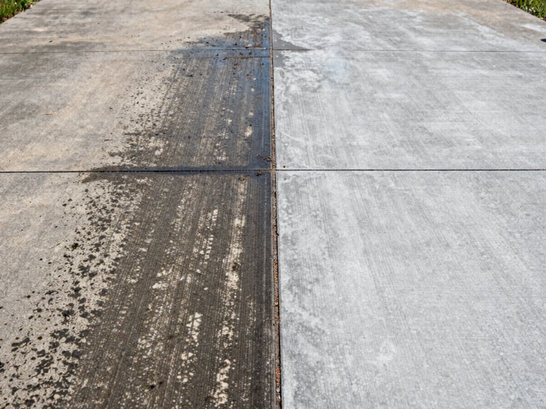 Close-up of a concrete driveway split down the center — left half covered in dark algae and grime, right half freshly pressure-washed to bright clean gray, sharp dividing line visible, bright Maryland daylight, overhead documentary framing