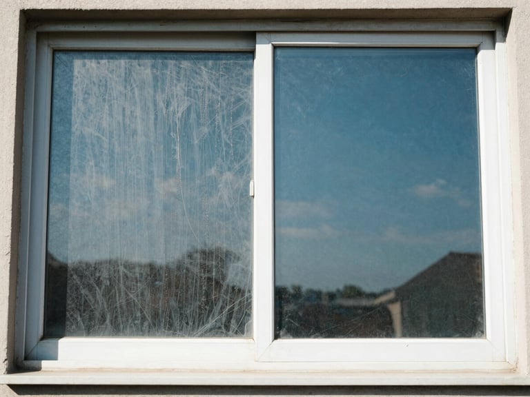 Wide shot of a residential window — left pane clouded with grime and streaks, right pane crystal-clear reflecting blue sky, bright daylight, documentary close-up framing showing surface contrast
