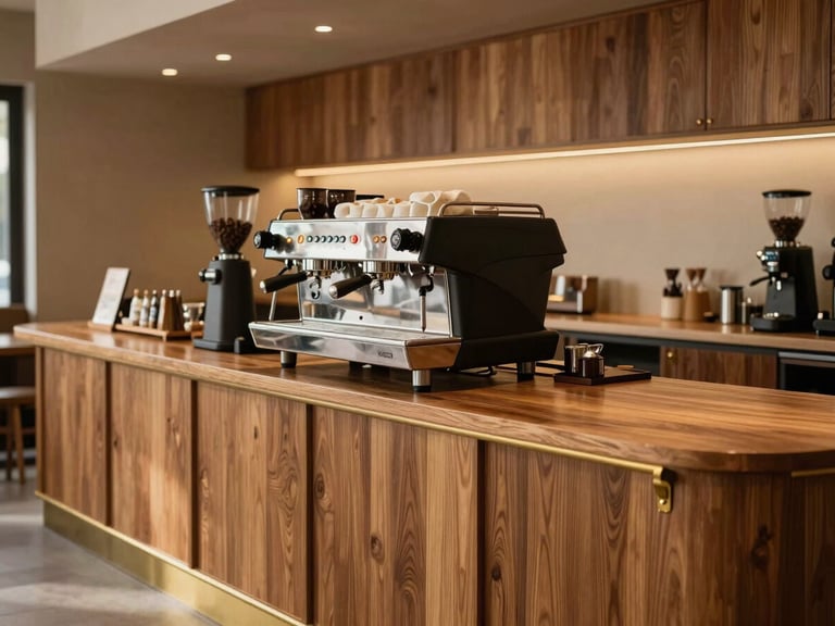 A warm, atmospheric shot of a completed modern coffee shop counter, featuring warm oak paneling, integrated brass details, and clean espresso machinery under soft ambient lighting.