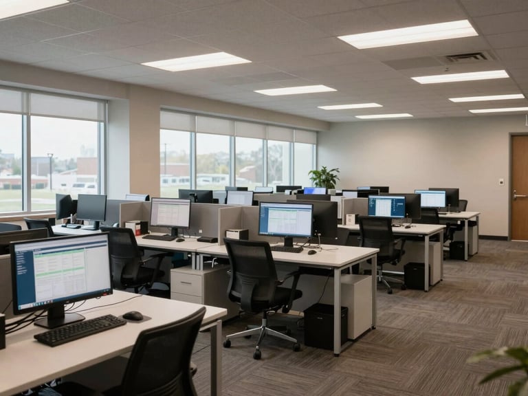 Wide interior shot of a clean open-plan office in Herndon Virginia, rows of desks with monitors showing data dashboards, large windows letting in diffused daylight, neutral walls and polished floors, no people visible