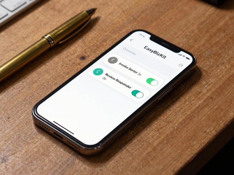 A clean, tactile smartphone screen lying on a warm wooden workshop table next to a brass pen. The screen displays a simplified UI of the EasyBizKit dashboard with clear toggle switches for 'Invoice Sorter' and 'Review Responder'.