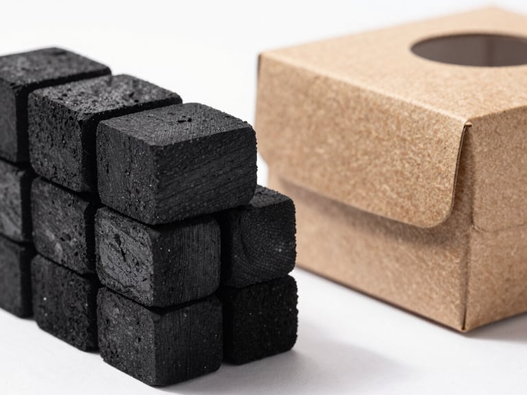 Macro studio shot of perfectly geometric black charcoal briquettes stacked neatly next to a minimal kraft paper master carton, high-contrast shadows, clean white background.